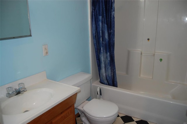 full bathroom with tile flooring, shower / bath combination with curtain, vanity, and toilet