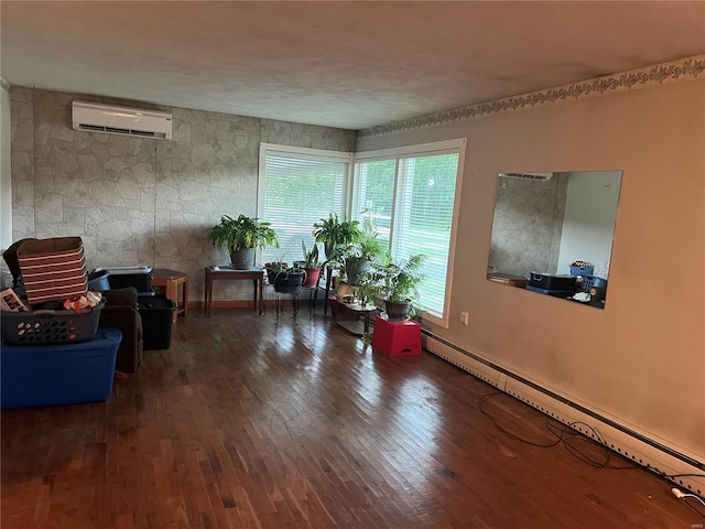 interior space with dark hardwood / wood-style floors, an AC wall unit, and a baseboard radiator