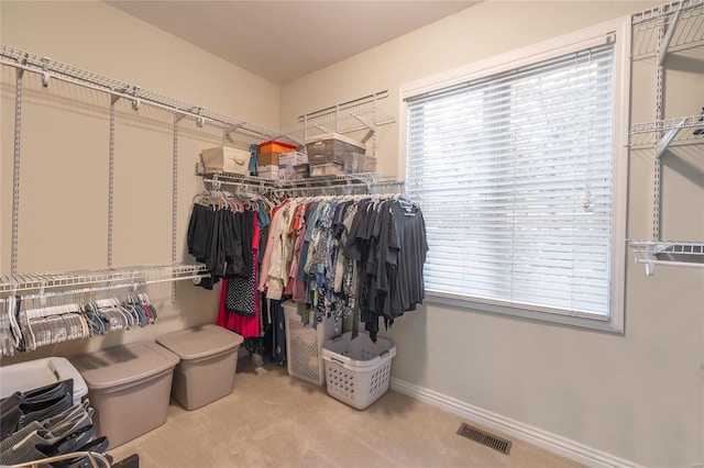 spacious closet featuring light colored carpet