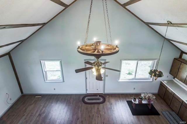 interior space with high vaulted ceiling, ceiling fan, and hardwood / wood-style flooring