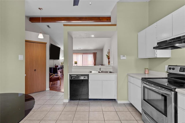 kitchen with electric range, dishwasher, hanging light fixtures, white cabinets, and light tile patterned flooring