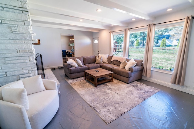 living room with beamed ceiling