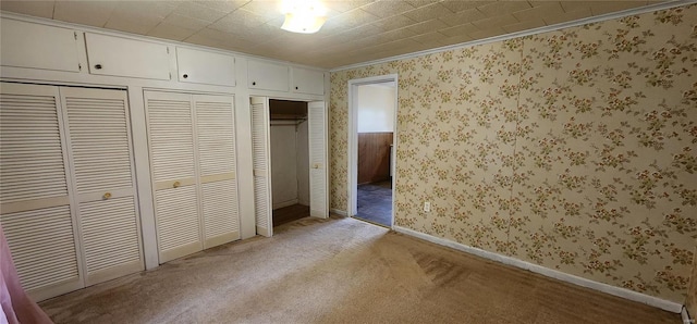 unfurnished bedroom featuring multiple closets and carpet flooring