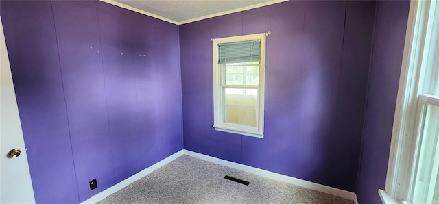 empty room featuring carpet flooring and crown molding