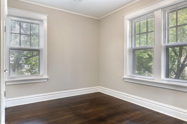 empty room featuring plenty of natural light, crown molding, and dark hardwood / wood-style floors