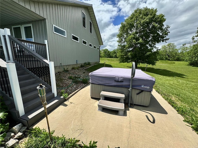 view of patio / terrace featuring a hot tub