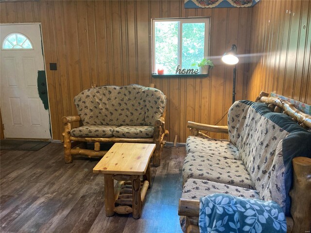 living area with wooden walls and dark wood-type flooring