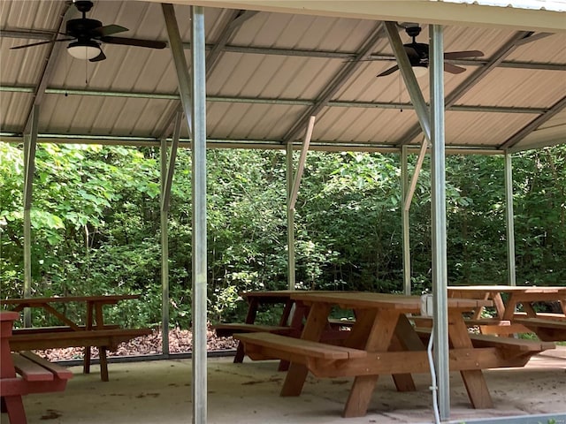 exterior space featuring a gazebo and ceiling fan