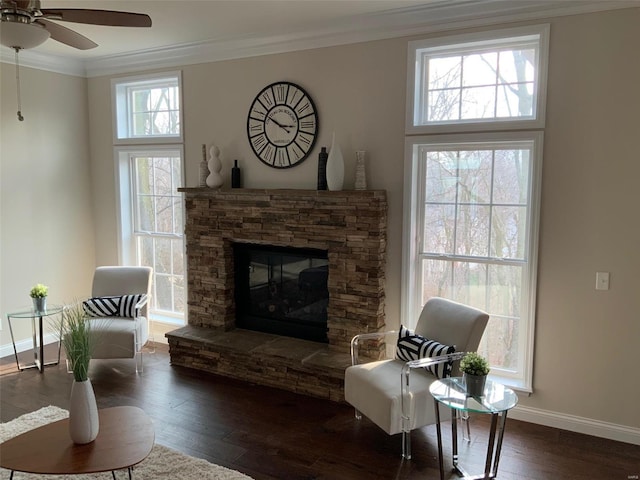 sitting room with a stone fireplace, dark wood-type flooring, and a wealth of natural light