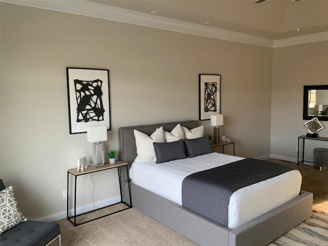 bedroom with carpet flooring, ceiling fan, and crown molding