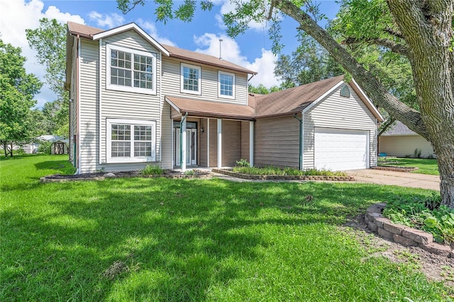 view of front of house with a garage and a front lawn