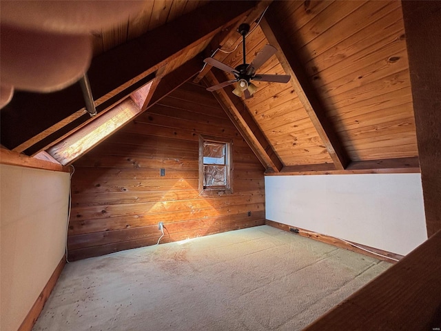 bonus room featuring a ceiling fan, vaulted ceiling with beams, wood ceiling, and wood walls