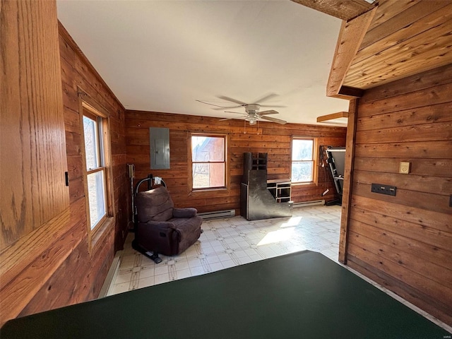 unfurnished living room with electric panel, light floors, wood walls, and ceiling fan