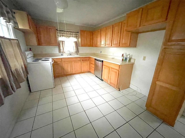 kitchen with sink, stainless steel dishwasher, light tile patterned floors, and electric stove