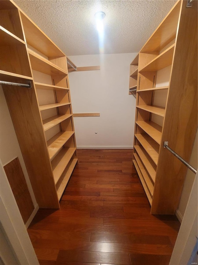 walk in closet with dark wood-type flooring