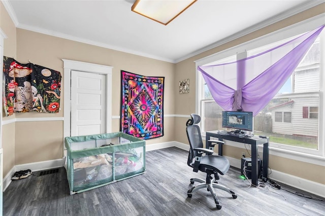 office area featuring a wealth of natural light, crown molding, and hardwood / wood-style floors