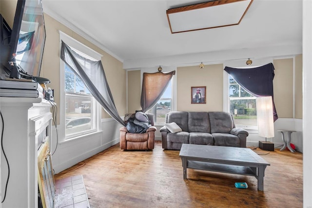 living room featuring crown molding and light wood-type flooring