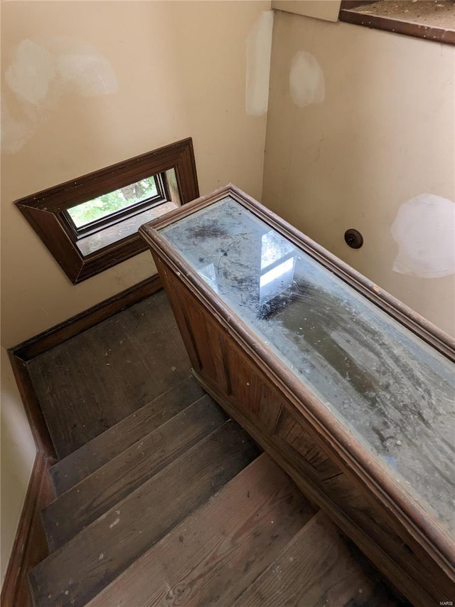 interior space with a skylight and hardwood / wood-style floors