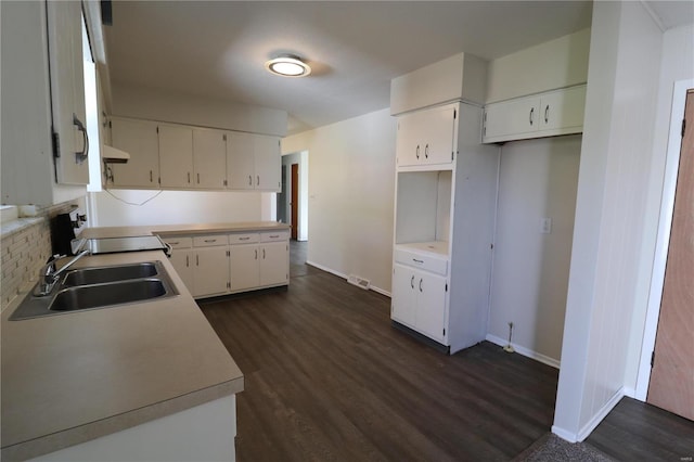 kitchen with white cabinets, custom range hood, dark hardwood / wood-style flooring, and sink