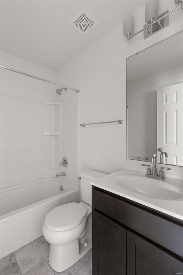 full bathroom featuring toilet,  shower combination, and vanity