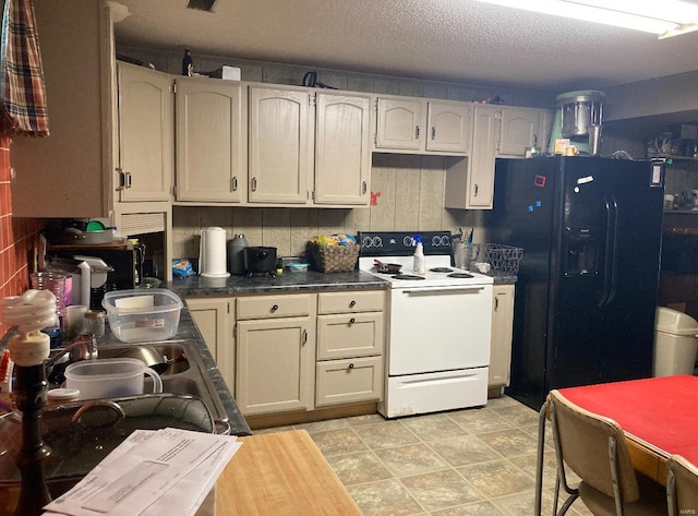 kitchen featuring tasteful backsplash, white electric stove, light tile flooring, a textured ceiling, and black fridge with ice dispenser