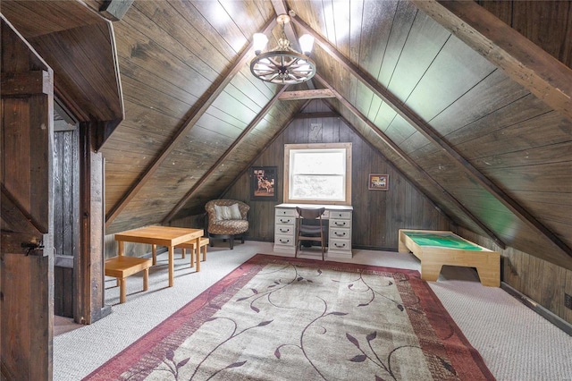 interior space featuring lofted ceiling, wood ceiling, wooden walls, light colored carpet, and a chandelier