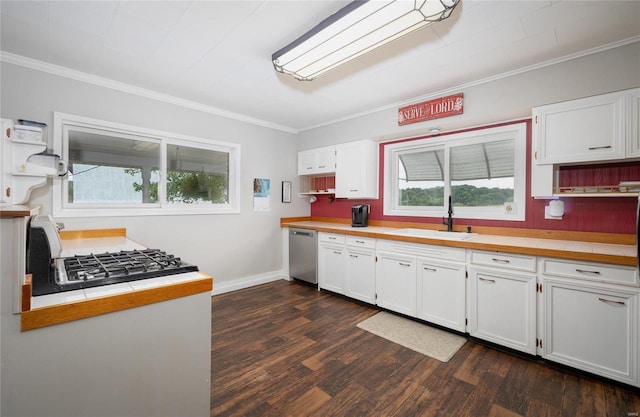 kitchen with white cabinetry, sink, crown molding, and stainless steel dishwasher