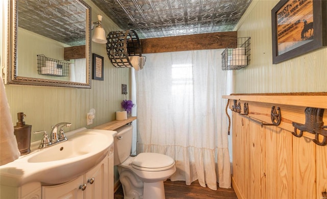 bathroom with vanity, wood-type flooring, and toilet