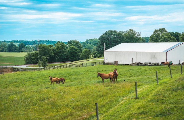 view of yard with a rural view and an outbuilding