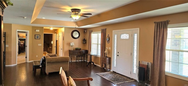 entrance foyer with dark hardwood / wood-style flooring, a wealth of natural light, ceiling fan, and a raised ceiling