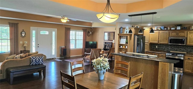 kitchen featuring ceiling fan, decorative backsplash, plenty of natural light, and stainless steel appliances