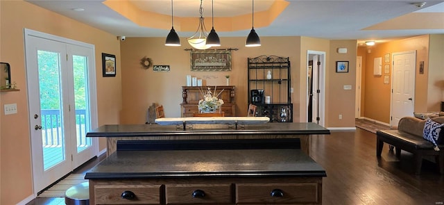 kitchen with dark hardwood / wood-style floors, pendant lighting, and a raised ceiling