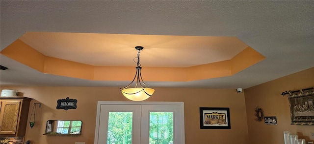 room details with a textured ceiling and a tray ceiling