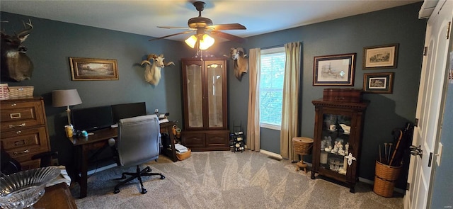 office featuring ceiling fan and carpet flooring