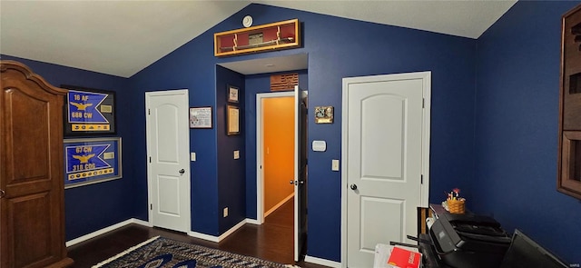 bedroom with lofted ceiling and dark hardwood / wood-style floors