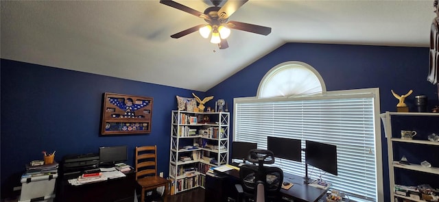 office area with ceiling fan and lofted ceiling