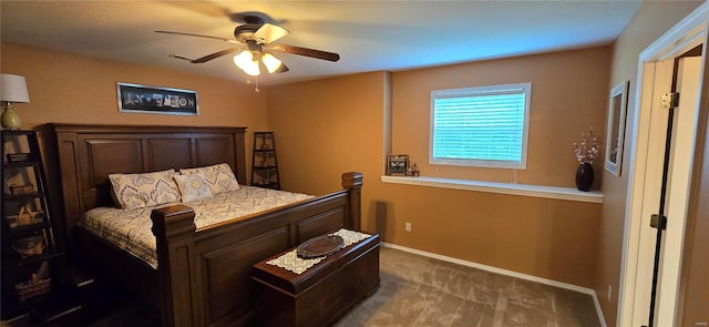 bedroom with dark carpet and ceiling fan