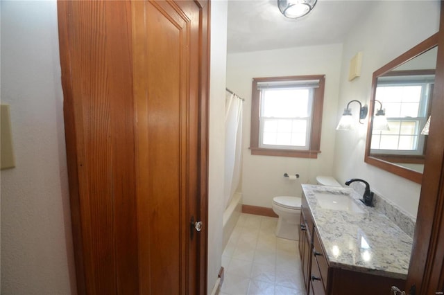 full bathroom featuring vanity, shower / bath combination with curtain, and toilet