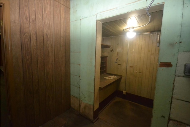 bathroom featuring wooden walls