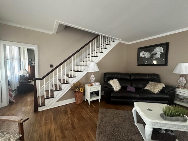 living room with dark hardwood / wood-style floors and ornamental molding