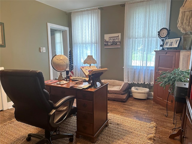 office space with dark hardwood / wood-style flooring