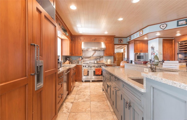 kitchen featuring light stone countertops, tasteful backsplash, stainless steel appliances, light tile patterned floors, and wooden ceiling