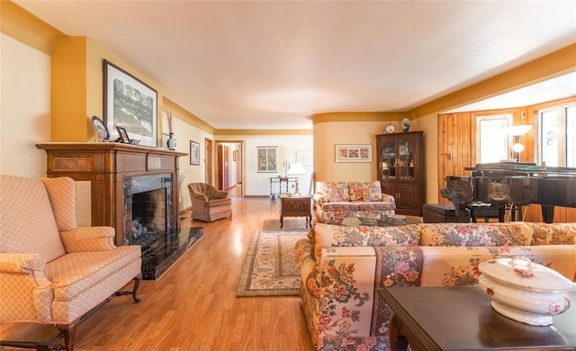 living room with a premium fireplace and light hardwood / wood-style flooring