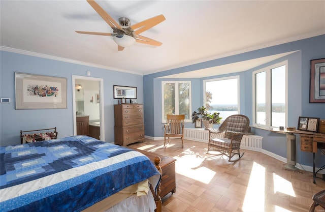 bedroom featuring ceiling fan, crown molding, connected bathroom, and light parquet floors