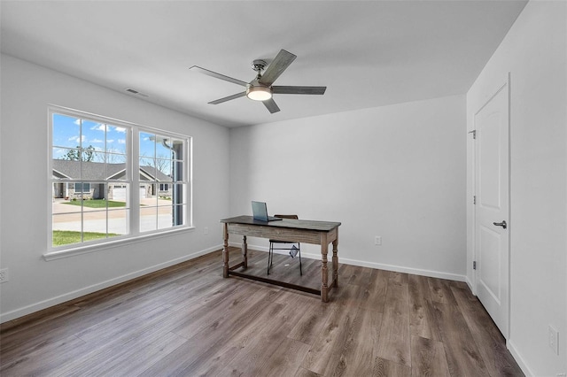 office featuring ceiling fan and light hardwood / wood-style flooring