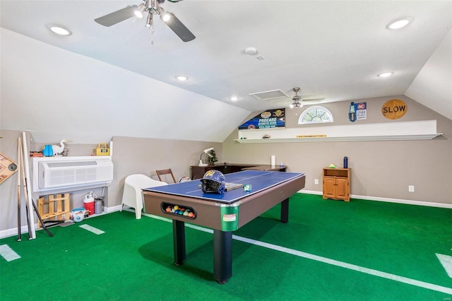 rec room with lofted ceiling, carpet floors, and ceiling fan