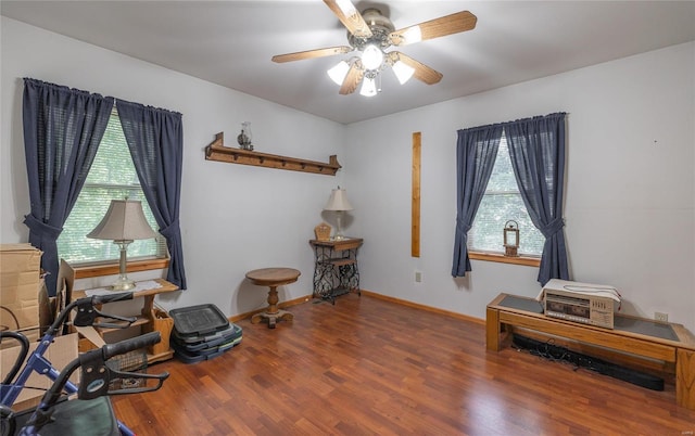 misc room with ceiling fan, plenty of natural light, and hardwood / wood-style flooring