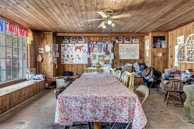 dining area with ceiling fan, wood walls, wood ceiling, and concrete floors