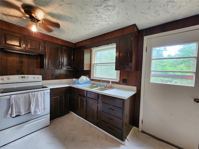 kitchen featuring electric range, wood walls, sink, ceiling fan, and light tile floors