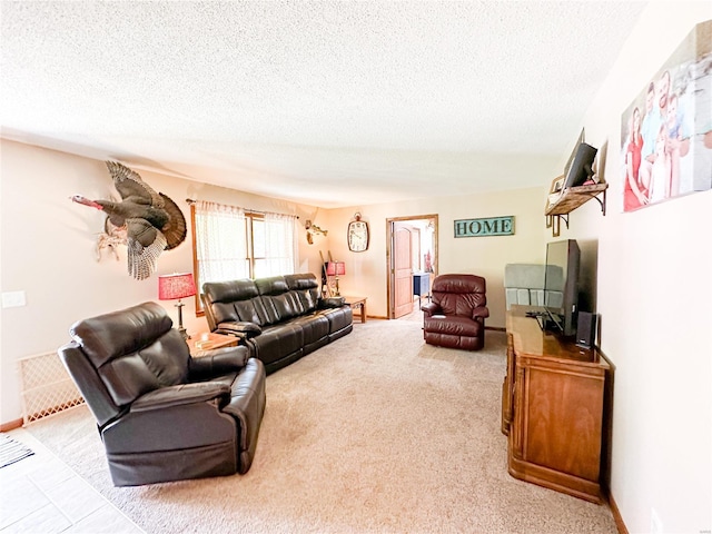 living room featuring light carpet and a textured ceiling